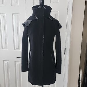 MACKAGE WOOL CASHMERE REAL LEATHER TRIM HOODED ZIP SNAP COAT SIZE SMALL
